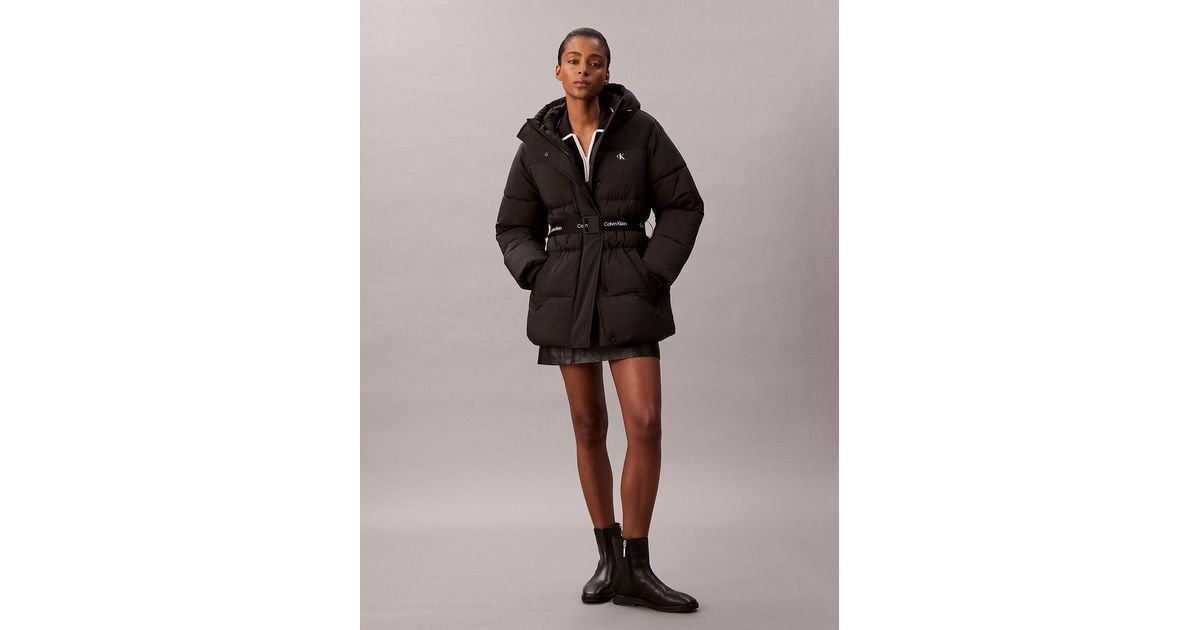 Calvin Klein Logo Belt Hooded Puffer Jacket in Brown Lyst UK