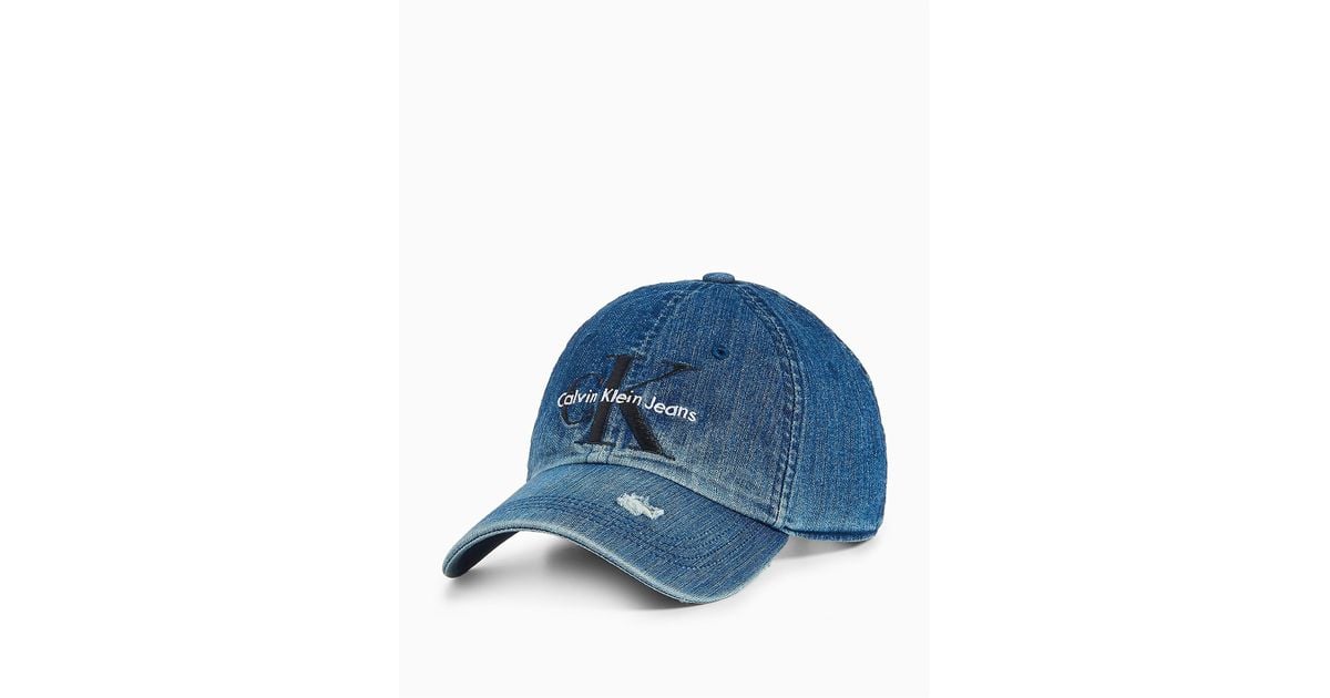 Calvin Klein Monogram Logo Destructed Denim Hat in Blue for Men | Lyst