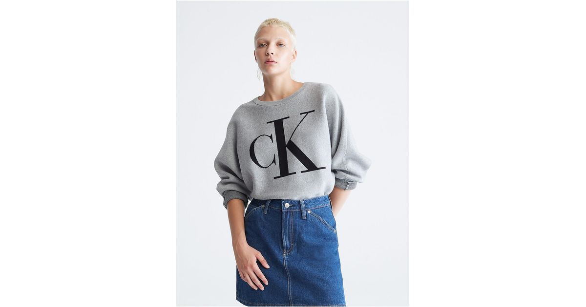 Calvin Klein Cotton Monogram Logo Dolman Sleeve Sweater in Pearl Grey
