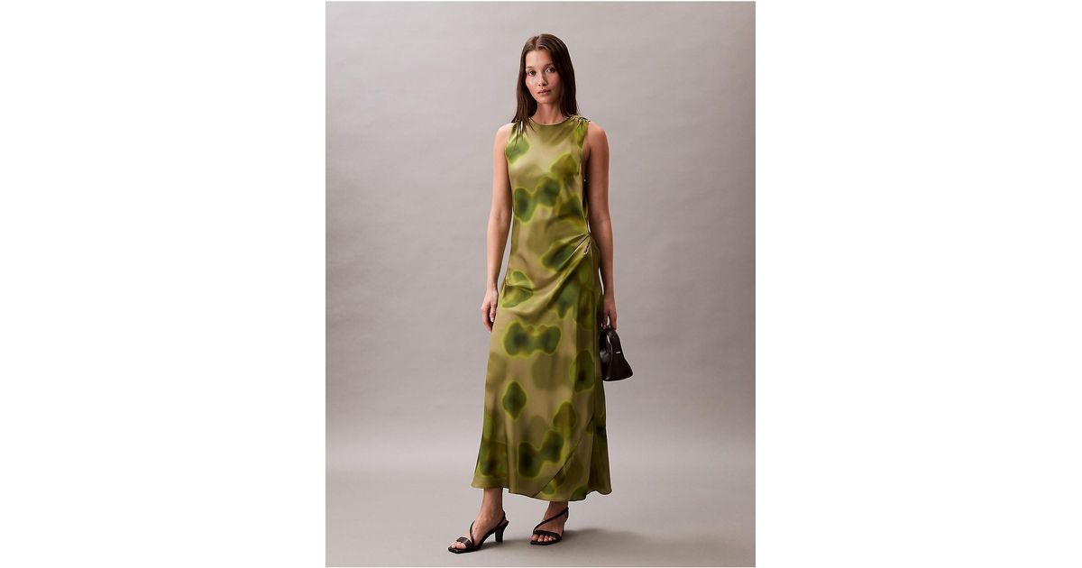 calvin klein green floral dress Calvin Klein Crushed Satin Floral Midi Dress in Green