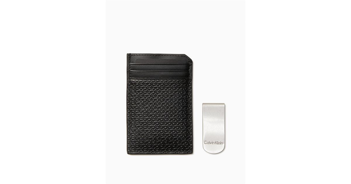 Calvin Klein Leather Embossed Monogram Logo Card Case + Money Clip Gift
