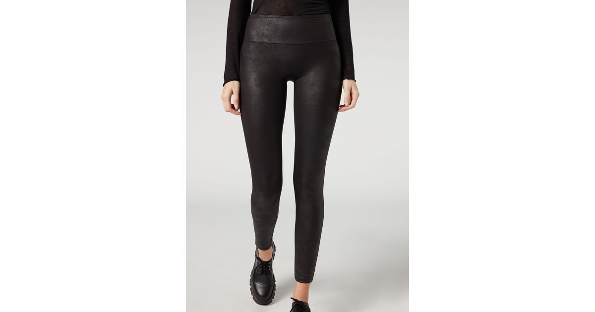 Calzedonia Leather Effect Total Shaper Leggings in Black Size S