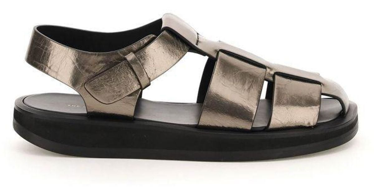 The Row Fisherman Metallic Leather Sandals in Grey (Gray) | Lyst