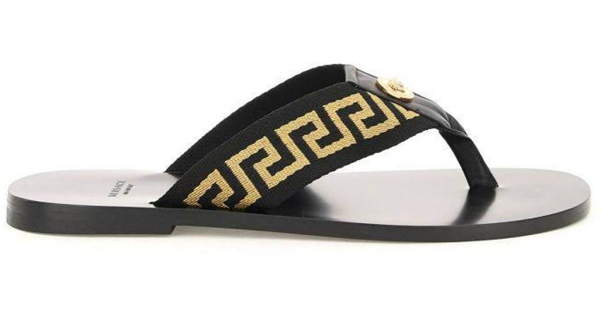 Versace Leather Greca Webbing Thong Slides in Black/Gold (Black) for Men - Lyst