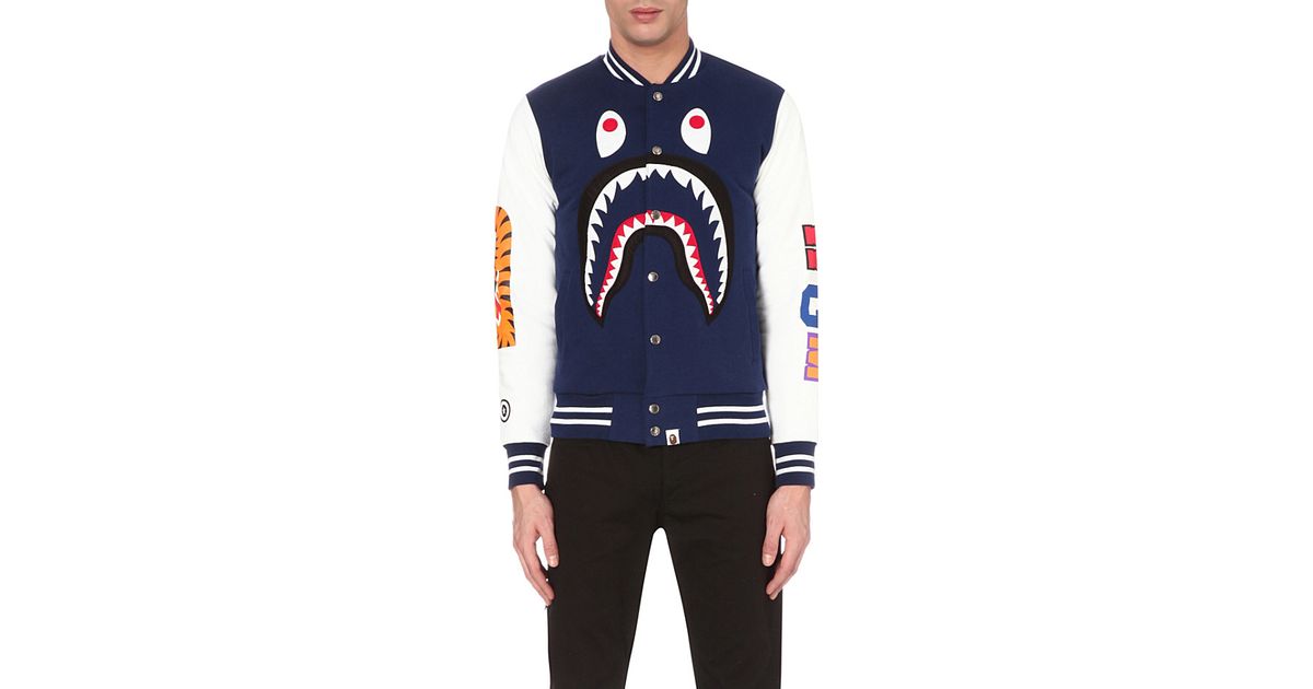 A Bathing Ape Shark Appliqué Cotton Bomber Jacket in Blue for Men