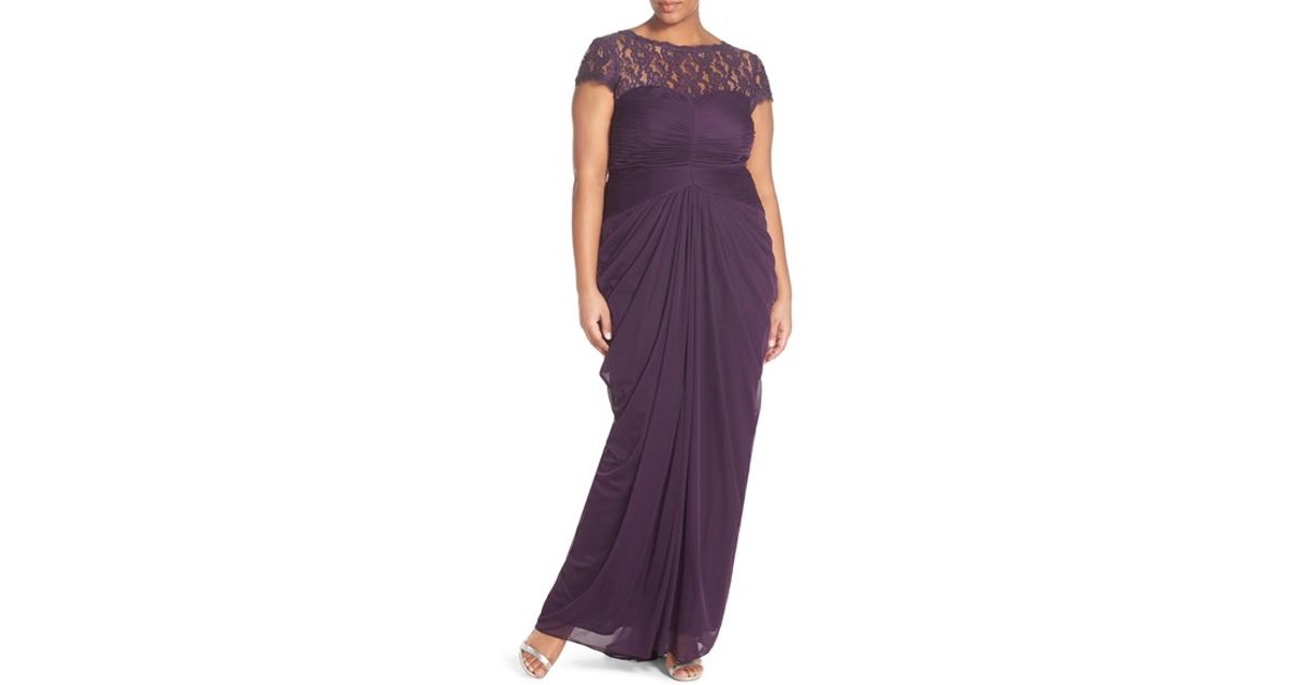 Adrianna Papell Lace Yoke Drape Mesh Gown In Purple Lyst