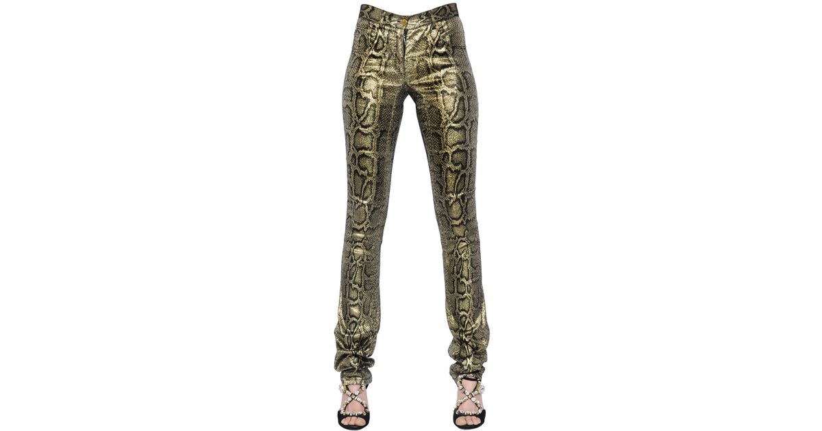 Roberto Cavalli Snakeskin Printed Stretch Lurex Pants in Yellow | Lyst