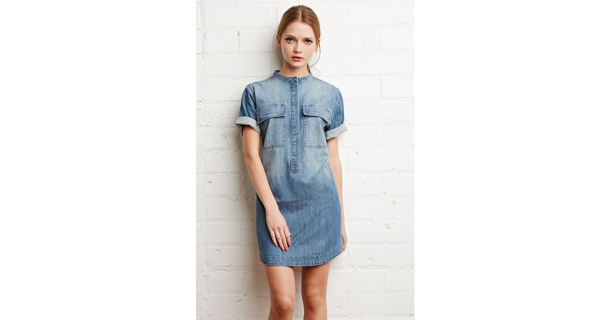 collarless denim dress