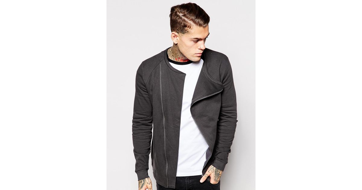 ASOS Collarless Biker Jacket In Jersey With Asymmetric Zip in Gray for