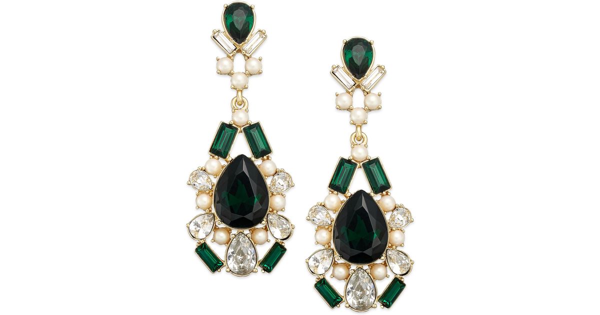 Kate Spade Gold Tone Crystal Pearl, Green Stone Chandelier Earrings