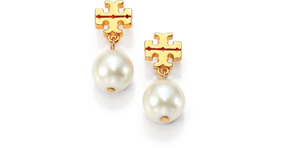 Lyst Tory Burch Logo Faux Pearl Drop Earrings In Metallic