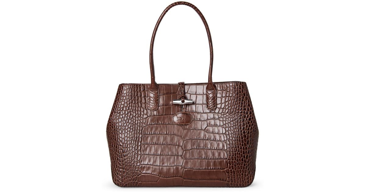Longchamp Brown Roseau Croc Embossed Shoulder Bag