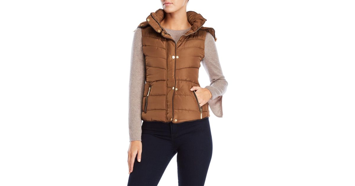 Lyst Ymi Faux Fur Trim Hooded Puffer Vest In Brown