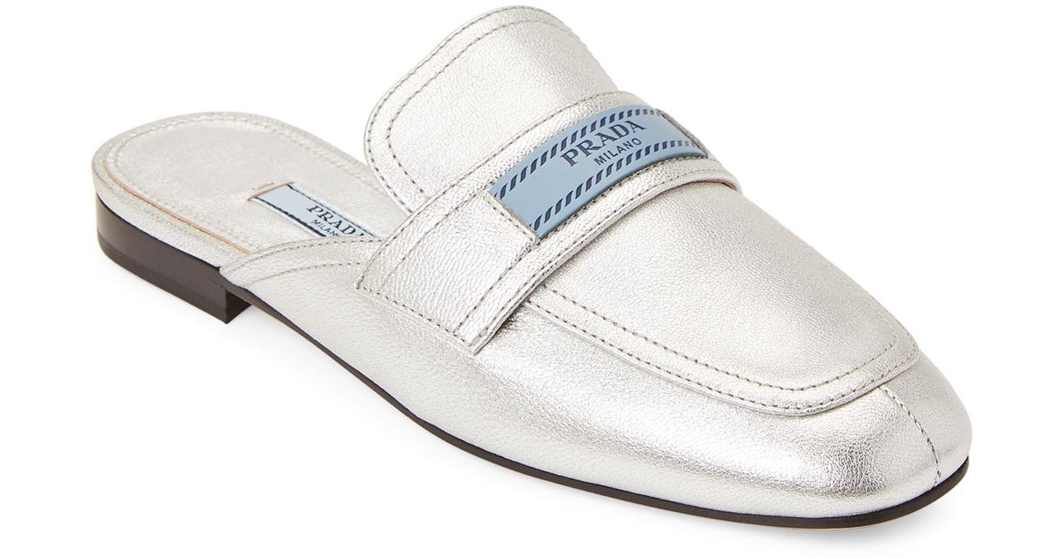 Prada Silver Logo Leather Loafer Mules in Metallic - Lyst
