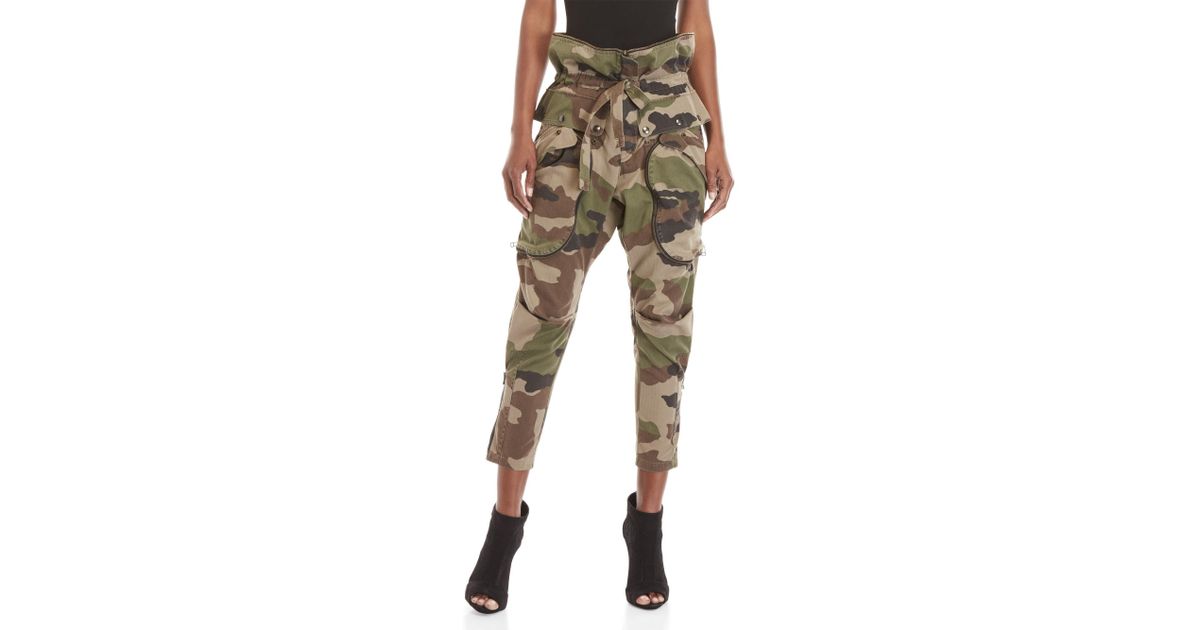Faith Connexion Green Camouflage Paper Bag Waist Cropped Pants