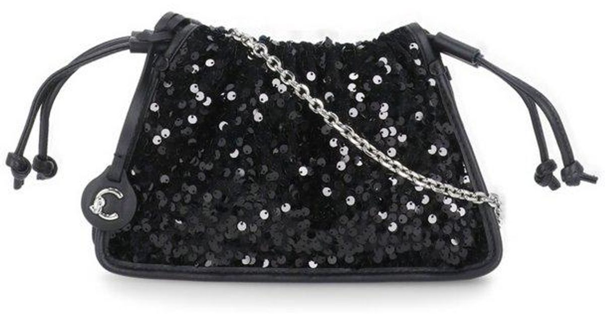 Cosbai - Black Single-shoulder Denim Bag with Sequin Decorations