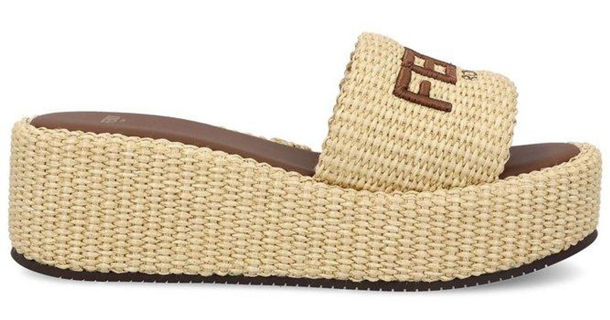 FENDI SIGNATURE WEDGE PLATFORM 6 CM IN BEIGE FIBRE WITH BROWN EMBROIDERED LOGO main image 0