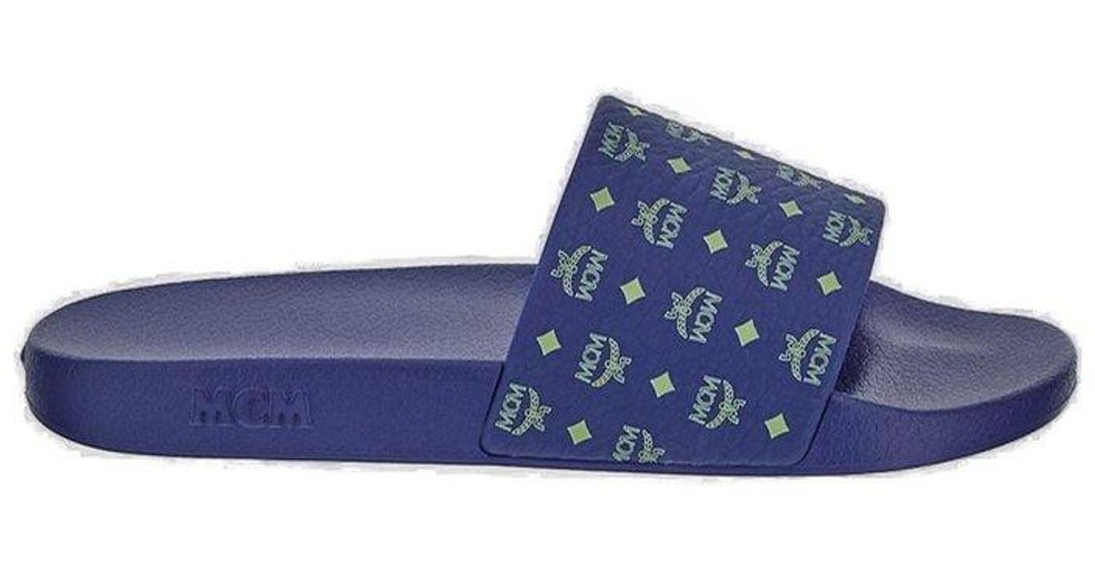 MCM Monogram Print Rubber Slides in Blue for Men Lyst