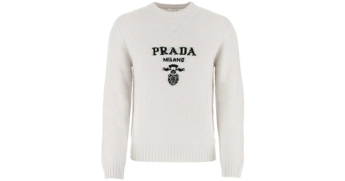 【送料&関税込】Prada Logo Intarsia Crewneck Knitted Jumper Prada Intarsia Logo Knit Crew-neck Sweater in White for Men