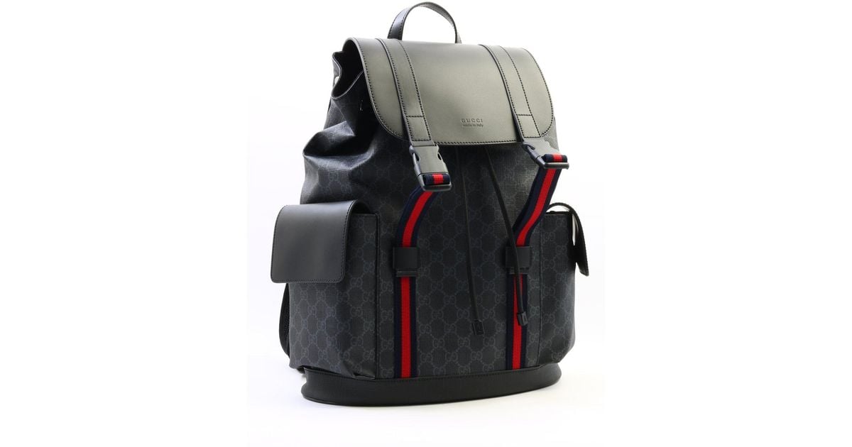 Gucci Leather Stripe GG Supreme Backpack in Black for Men | Lyst