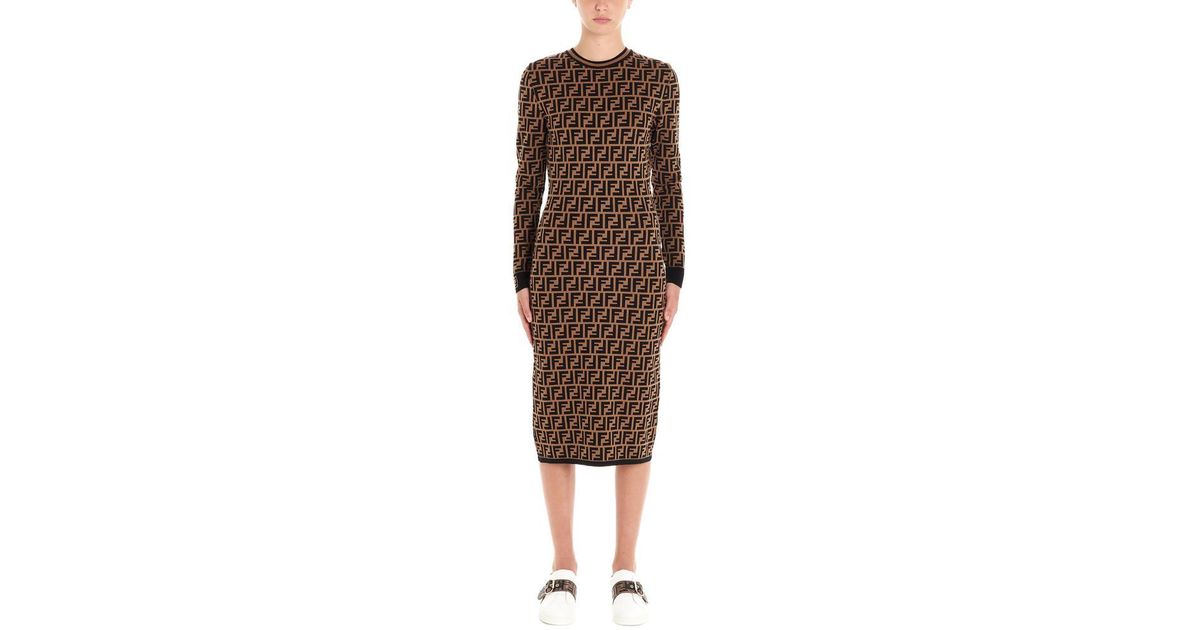 Fendi Ff Logo Jacquard Sweater Dress in Brown Lyst Canada
