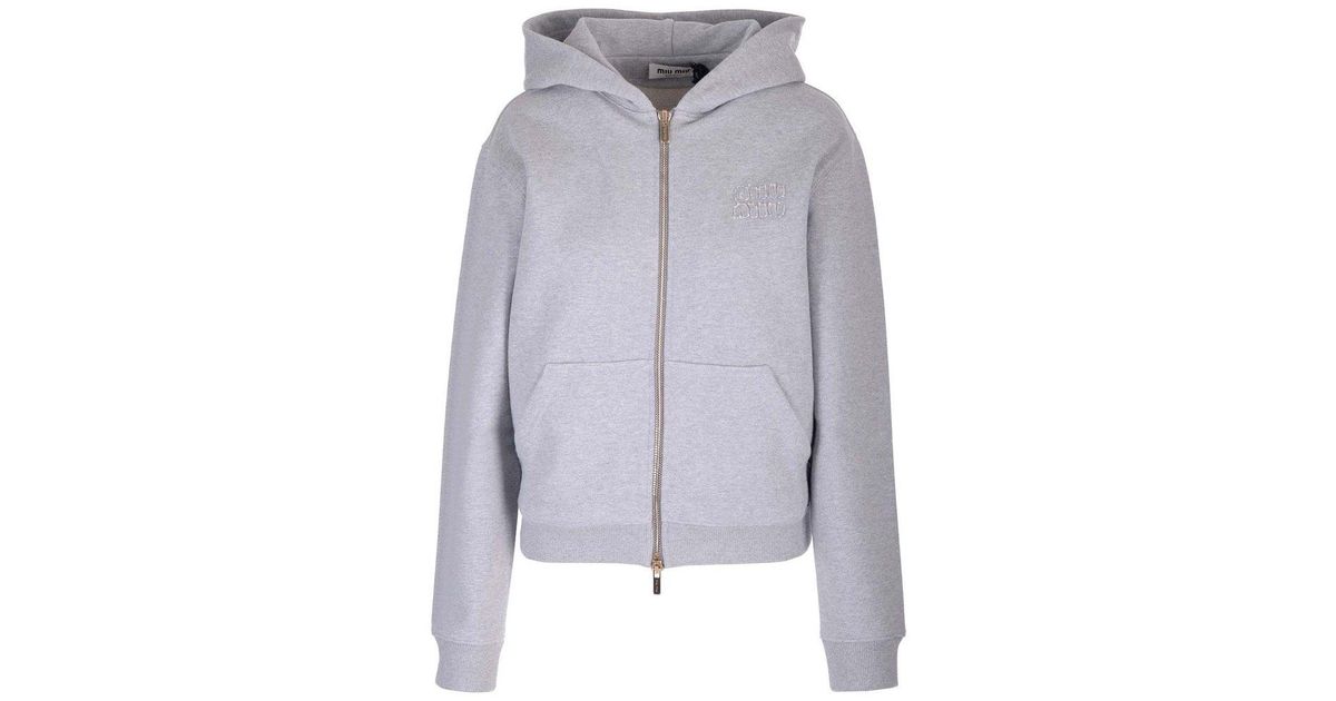 Miu Miu Logo Detailed Zipped Hoodie in Gray | Lyst Miu Miu Logo Detailed Zipped Hoodie in Gray | Lyst