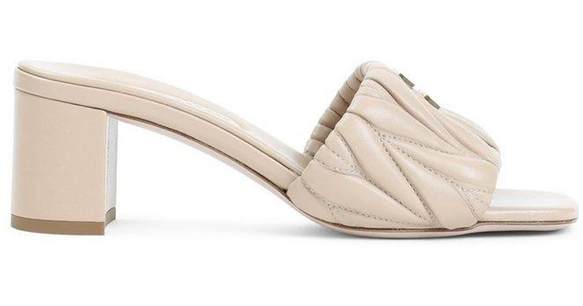 Miu Miu Logo-Lettering Slip-On Sandals in Natural | Lyst