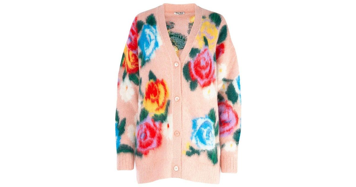 Miu Miu Floral Printed Oversized Knitted Cardigan in Red | Lyst Miu Miu Floral Printed Oversized Knitted Cardigan in Red | Lyst