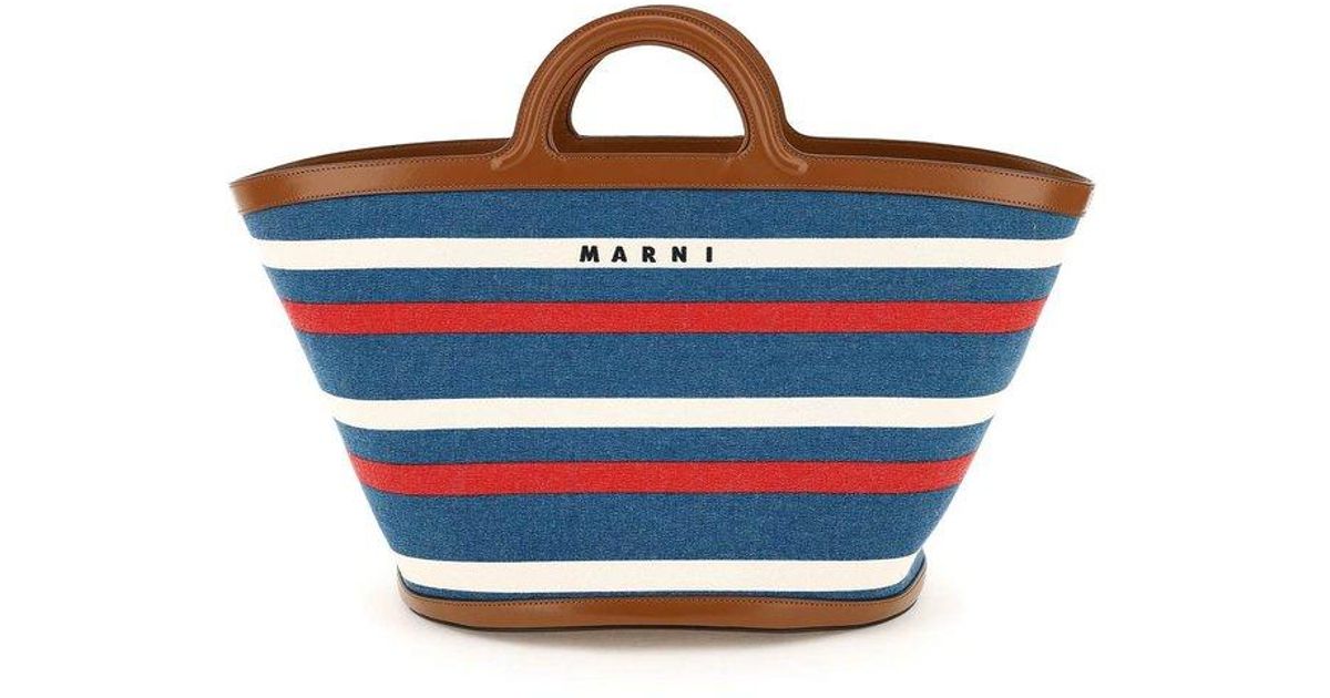 Marni Tropicalia Striped Logo Embroidered Tote Bag in Blue | Lyst