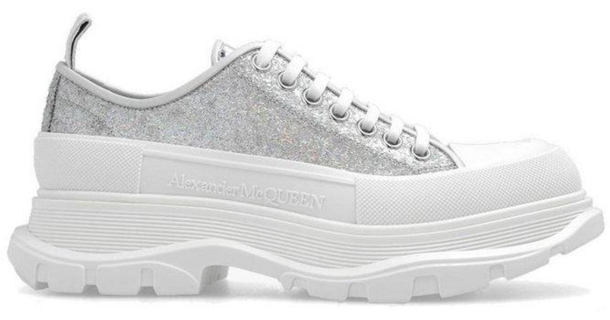 Alexander McQueen Tread Slick Glitter Lace-up Sneakers in White | Lyst