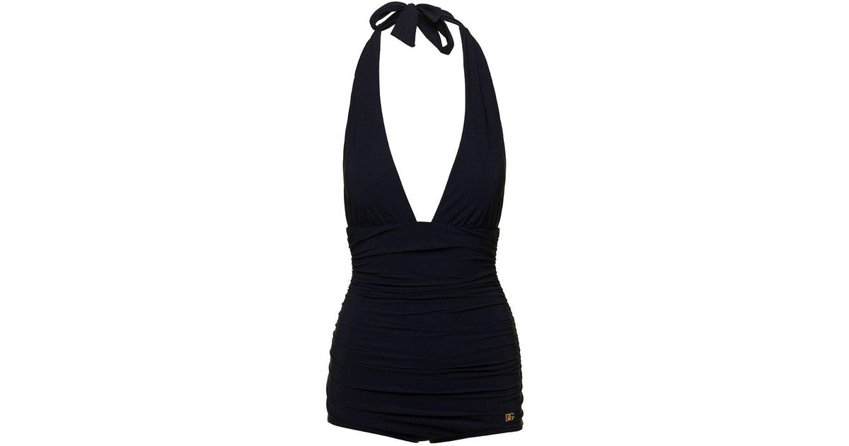 Dolce & Gabbana Dg Plaque One-piece Swimsuit in Blue | Lyst