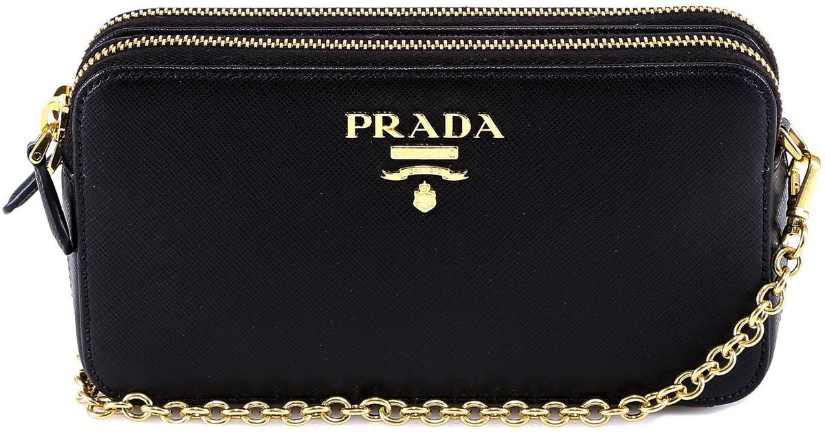 Prada Leather Mini Chain Crossbody Bag in Black - Lyst