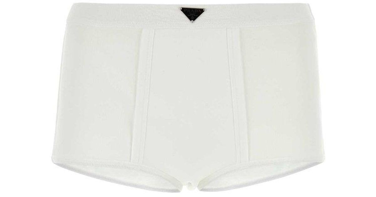 Prada Logo Plaque Ribbed Boxer Shorts in White | Lyst