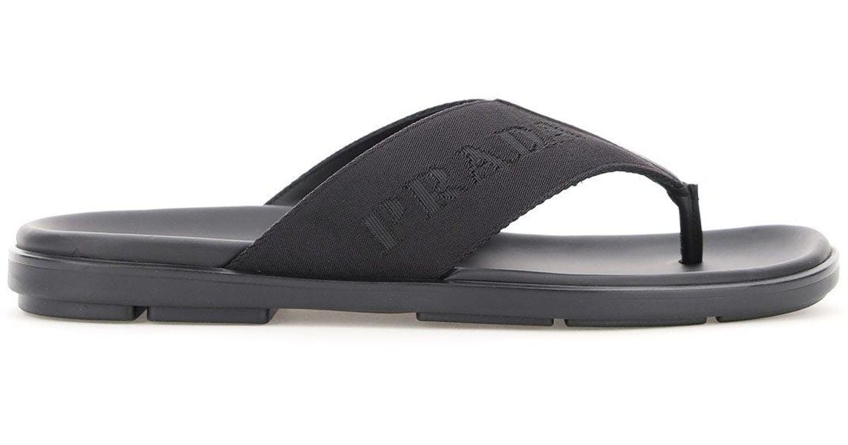 Prada Leather Logo Flip Flops in Black for Men - Lyst
