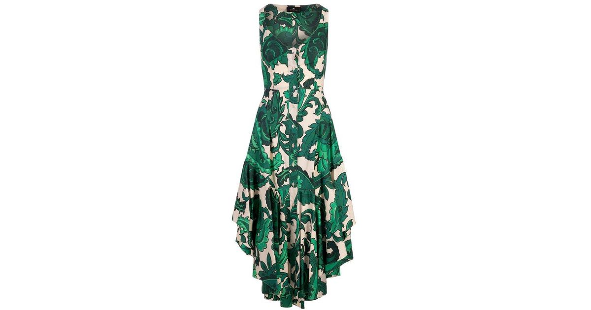 Etro Paisley-Printed Asymmetric Hem Midi Dress in Green | Lyst
