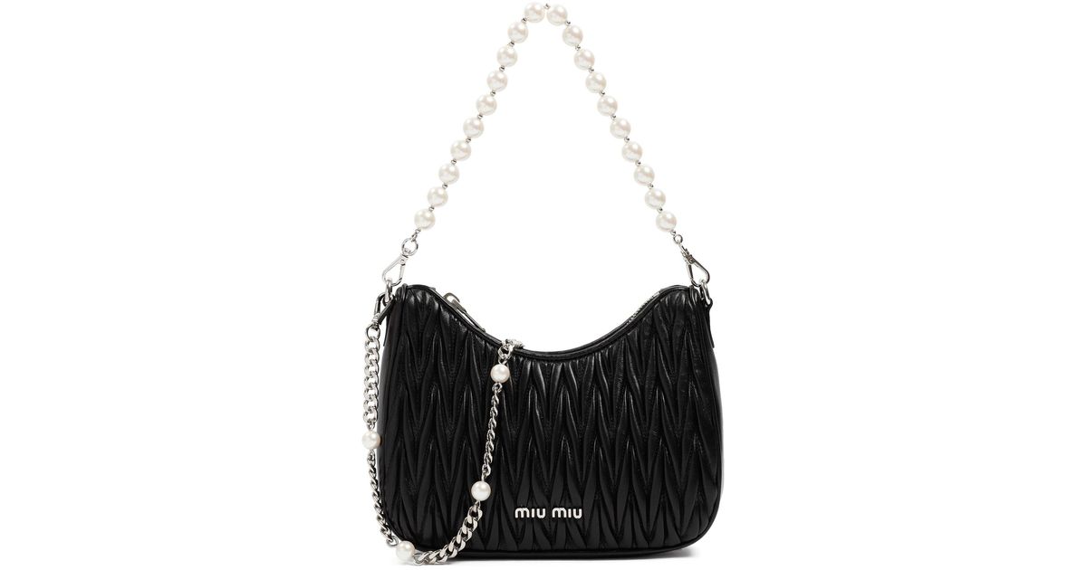 Miu Miu Leather Matelassé Pearl Embellished Shoulder Bag in Black | Lyst