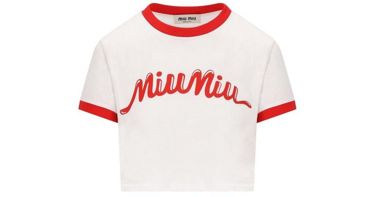 Miu Miu Logo-printed Cropped T-shirt in Red | Lyst Miu Miu Logo-printed Cropped T-shirt in Red | Lyst