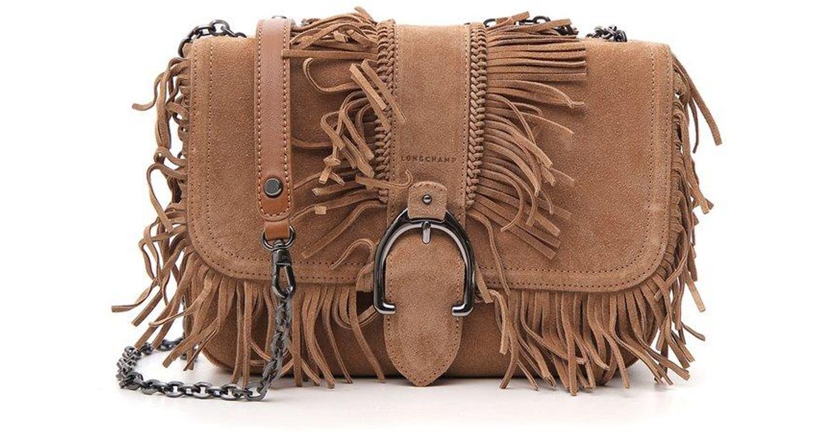 Longchamp Leather Fringed Front Flap Crossbody Bag in Beige (Natural) | Lyst