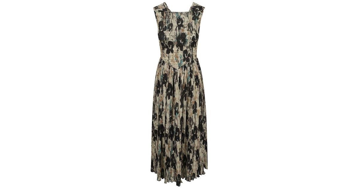 Ganni Printed Pleats Smock Midi Straps Dress | Lyst