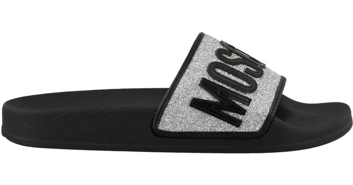Moschino Leather Glitter Logo Slides - Lyst