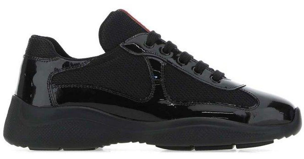 Prada Leather Logo Detailed Lace-up Sneakers in Black - Lyst