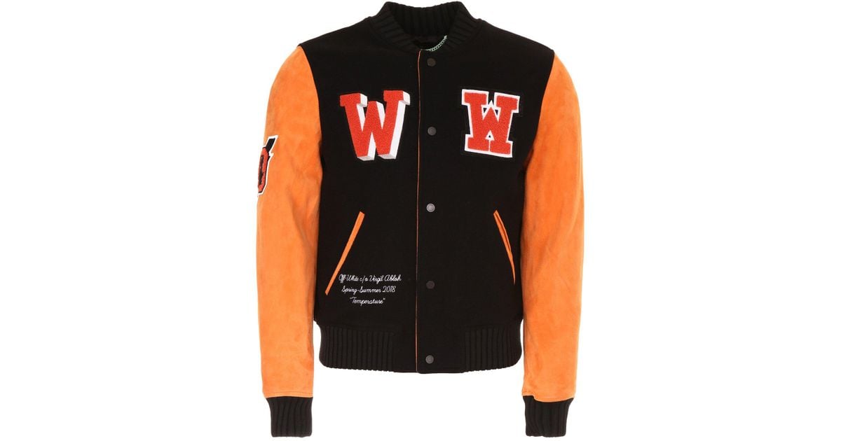 Off-White c/o Virgil Abloh Leather Orange Suede Varsity Jacket By 