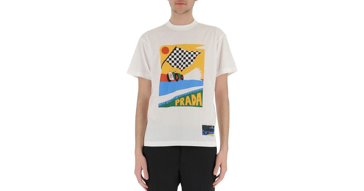 Prada Cotton Race Car Printed T-shirt in White for Men - Lyst