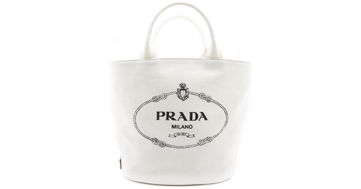 Prada Fabric Milano Logo Tote Bag in White - Lyst