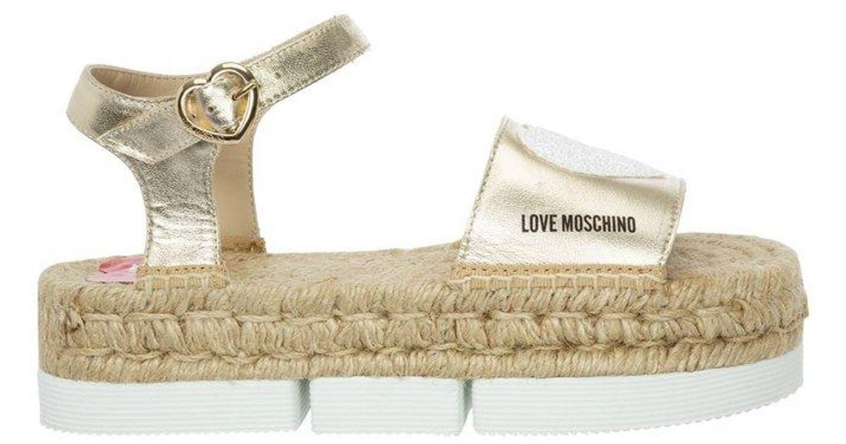 Love Moschino Leather Logo Detailed Open Toe Espadrilles in Gold
