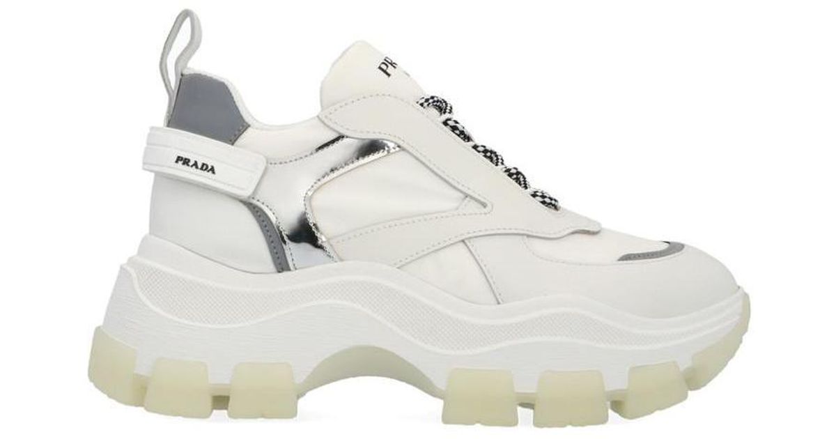 Prada Leather Panelled Platform Sneakers in White - Lyst