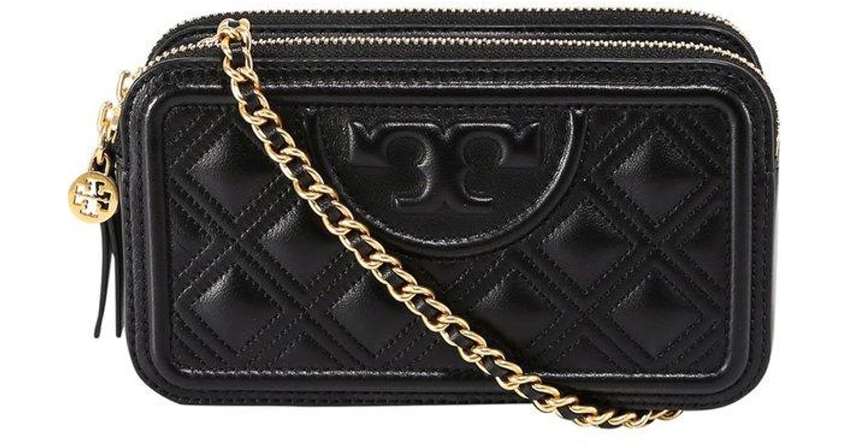 Tory Burch Leather Fleming Logo Embossed Mini Crossbody Bag in Black