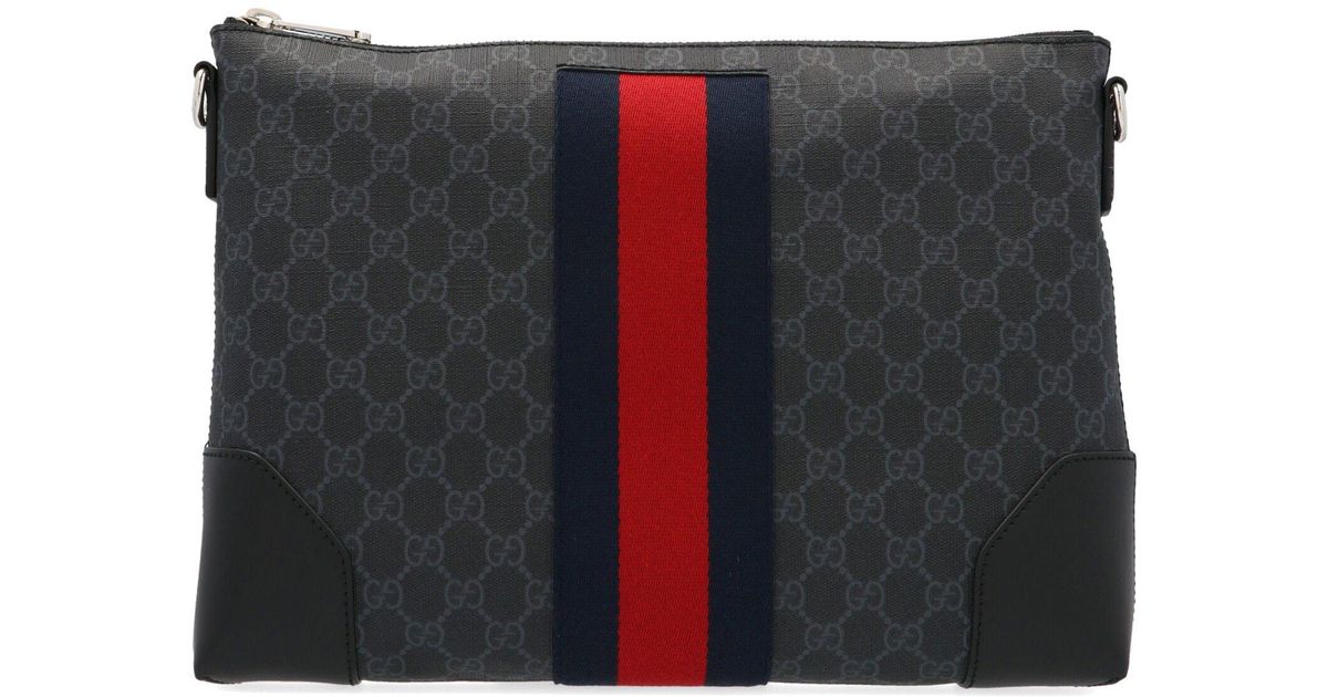 Gucci Leather GG Supreme Wide Messenger Bag in Black for Men - Lyst