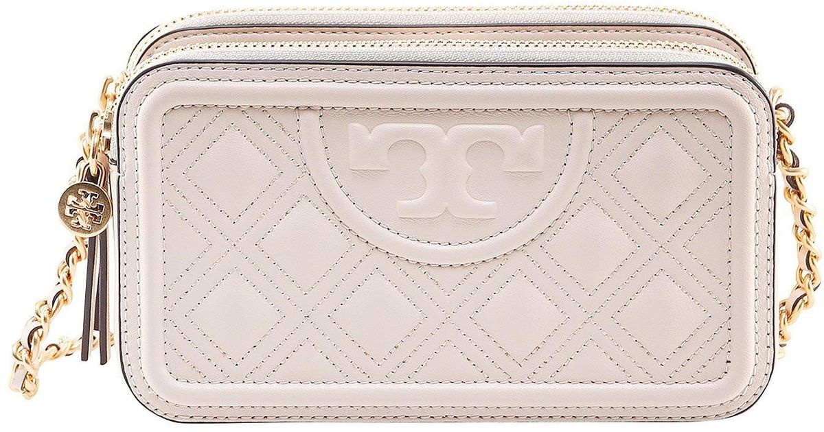 Tory Burch Leather Fleming Double Zip Crossbody Bag in Beige (Natural