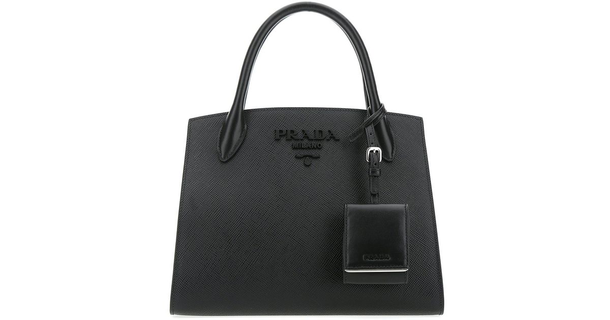 Prada Leather Logo Embossed Tote Bag in Black Lyst